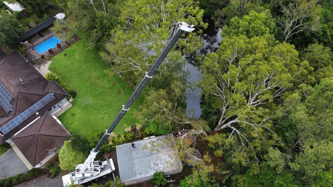 Crane removal over a backyard pool, from the air